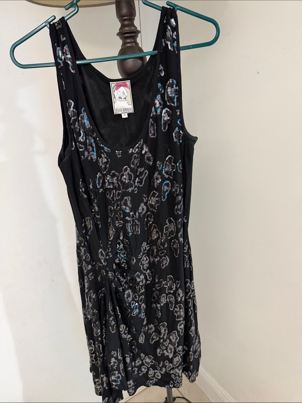 Yoana Baraschi Black Mini Dress with Silver and Blue Metallic Leopard Print